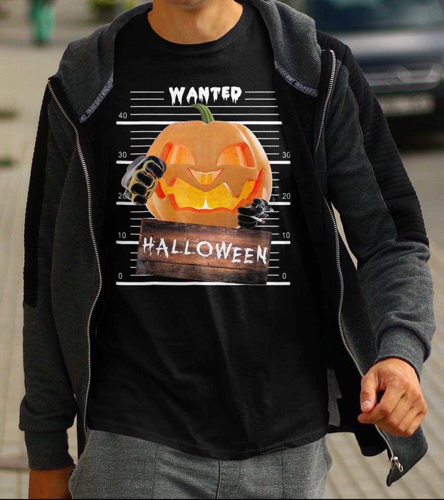 Wanted Halloween Pumpkin Mugshot Funny T-Shirt