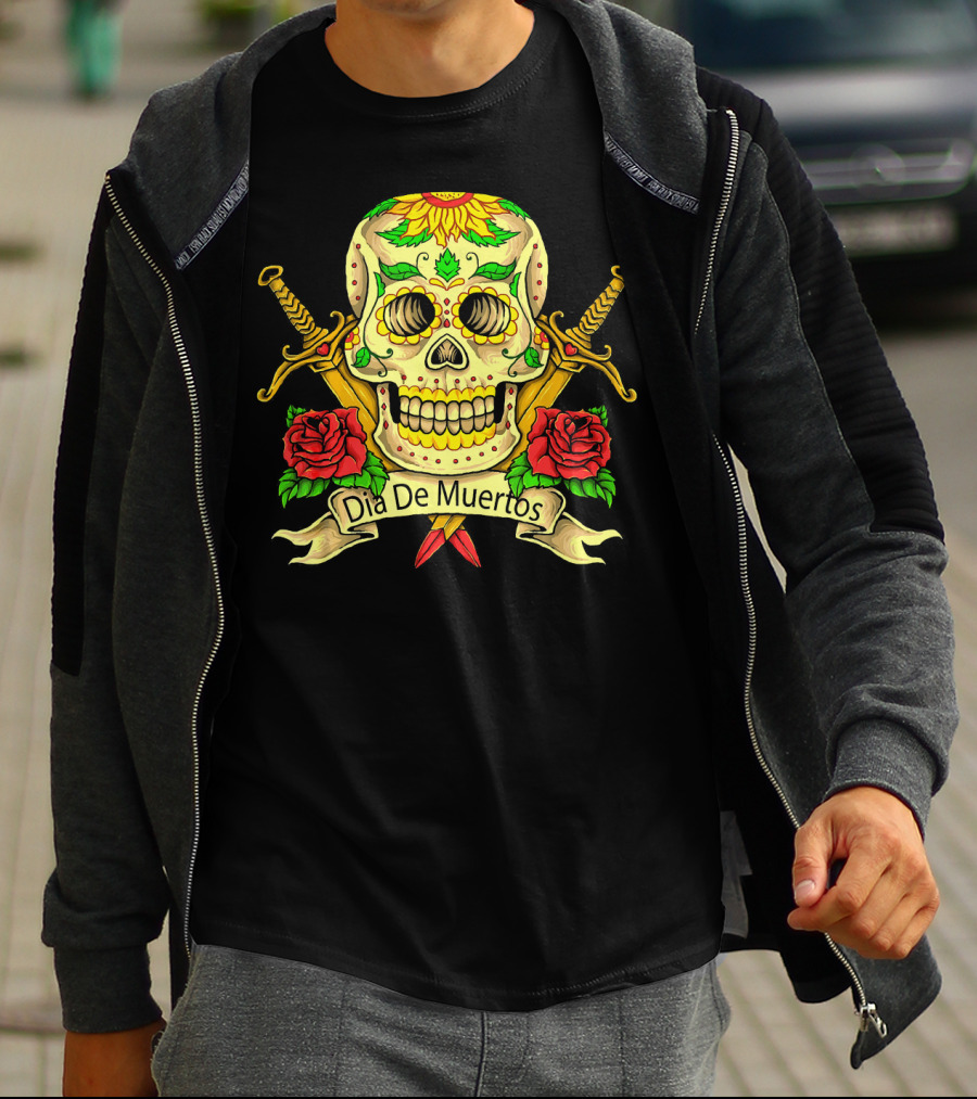 Dia De Muertos Skull With Roses And Swords Celebrating Day Of The Dead T-Shirt