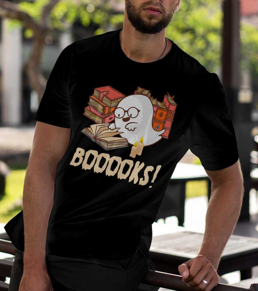 BOOOOKS Cute Reading Boo Ghost With Stacks Of Books And Candles T-Shirt