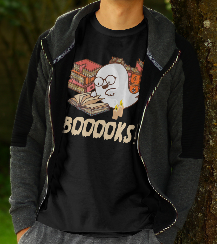 BOOOOKS Cute Reading Boo Ghost With Stacks Of Books And Candles T-Shirt