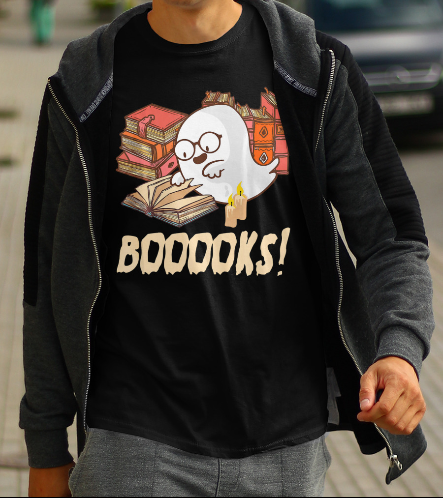 BOOOOKS Cute Reading Boo Ghost With Stacks Of Books And Candles T-Shirt