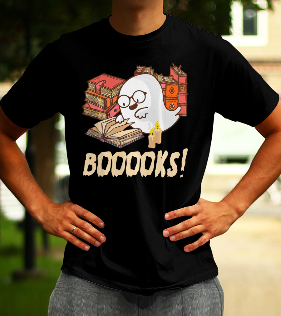 BOOOOKS Cute Reading Boo Ghost With Stacks Of Books And Candles T-Shirt