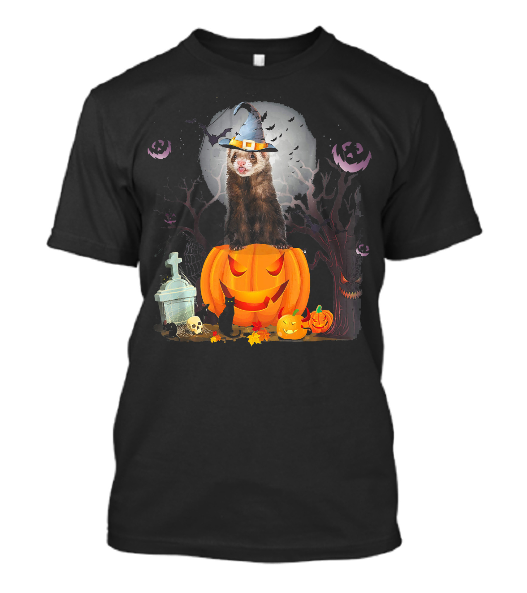 Funny Halloween Ferret With Pumpkin And Witch Hat T-Shirt