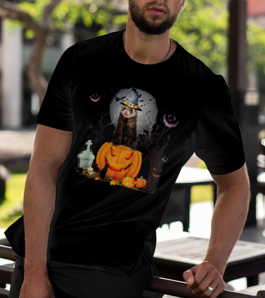 Funny Halloween Ferret With Pumpkin And Witch Hat T-Shirt