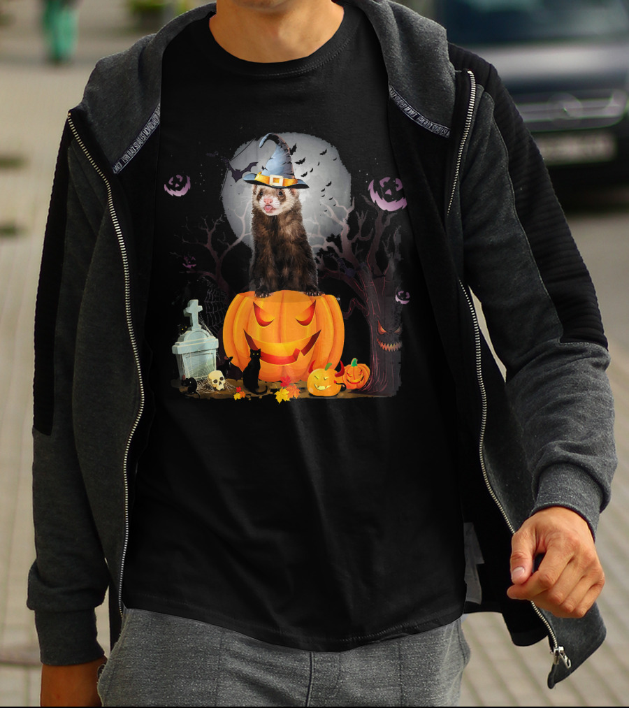 Funny Halloween Ferret With Pumpkin And Witch Hat T-Shirt