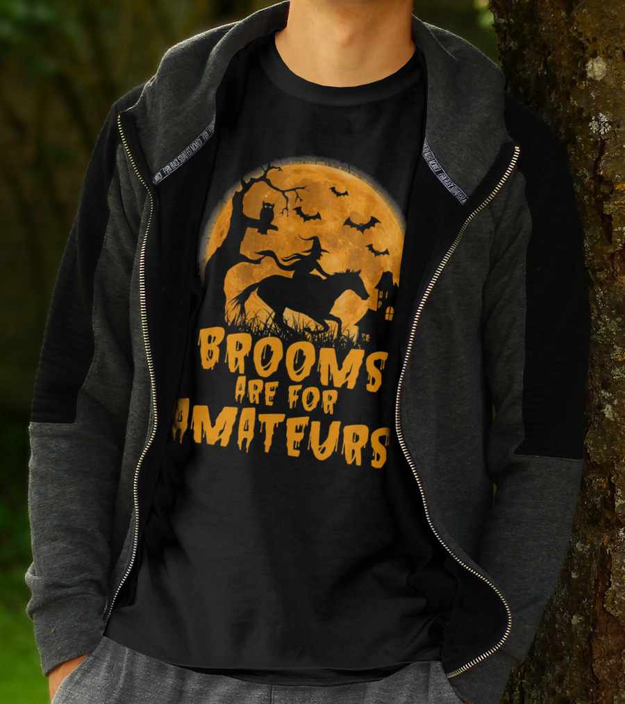 Brooms Are For Amateurs Witch Riding Horse Halloween Moon Bats T-Shirt