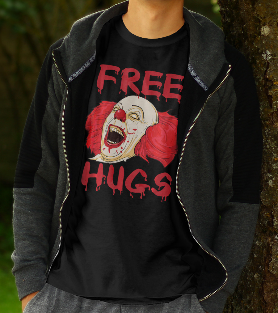 Free Hugs Evil Killer Scary Clown Costume Blood Red Horror T-Shirt