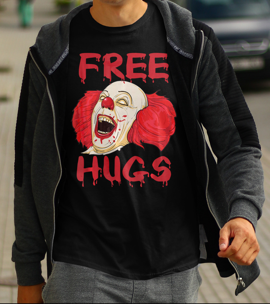 Free Hugs Evil Killer Scary Clown Costume Blood Red Horror T-Shirt