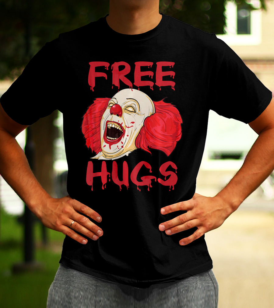 Free Hugs Evil Killer Scary Clown Costume Blood Red Horror T-Shirt