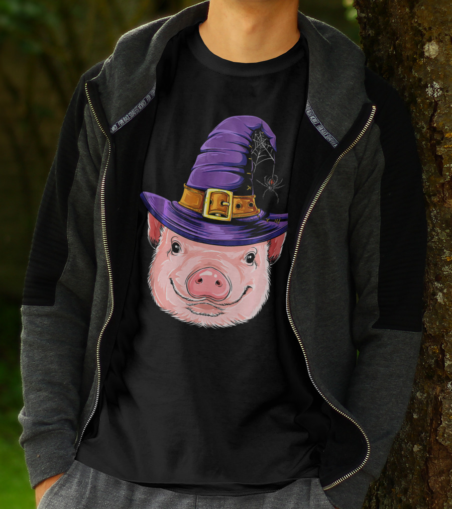 Pig In Witch Hat With Spider And Web Halloween T-Shirt