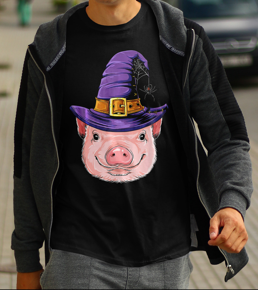 Pig In Witch Hat With Spider And Web Halloween T-Shirt