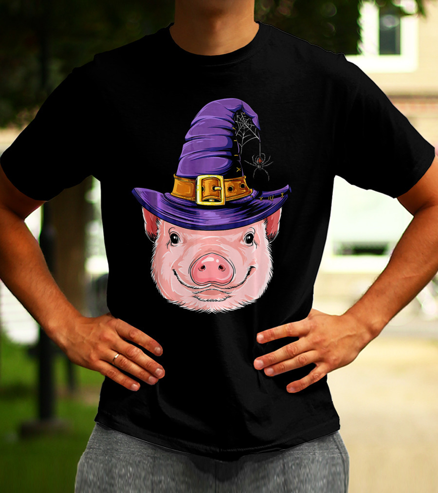 Pig In Witch Hat With Spider And Web Halloween T-Shirt