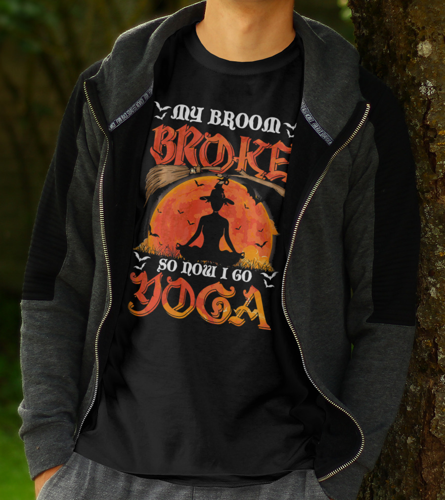 My Broom Broke So Now I Go Yoga Halloween Moon Meditation Bats T-Shirt
