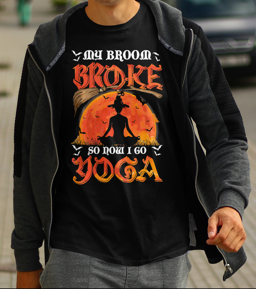 My Broom Broke So Now I Go Yoga Halloween Moon Meditation Bats T-Shirt