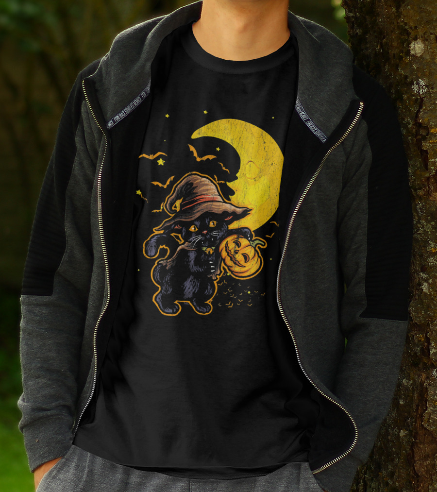 Halloween Black Cat Witch With Pumpkin Under Moon And Bats T-Shirt