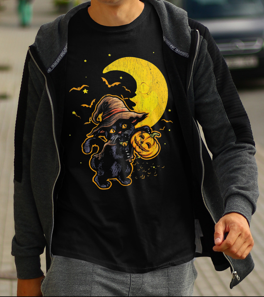 Halloween Black Cat Witch With Pumpkin Under Moon And Bats T-Shirt