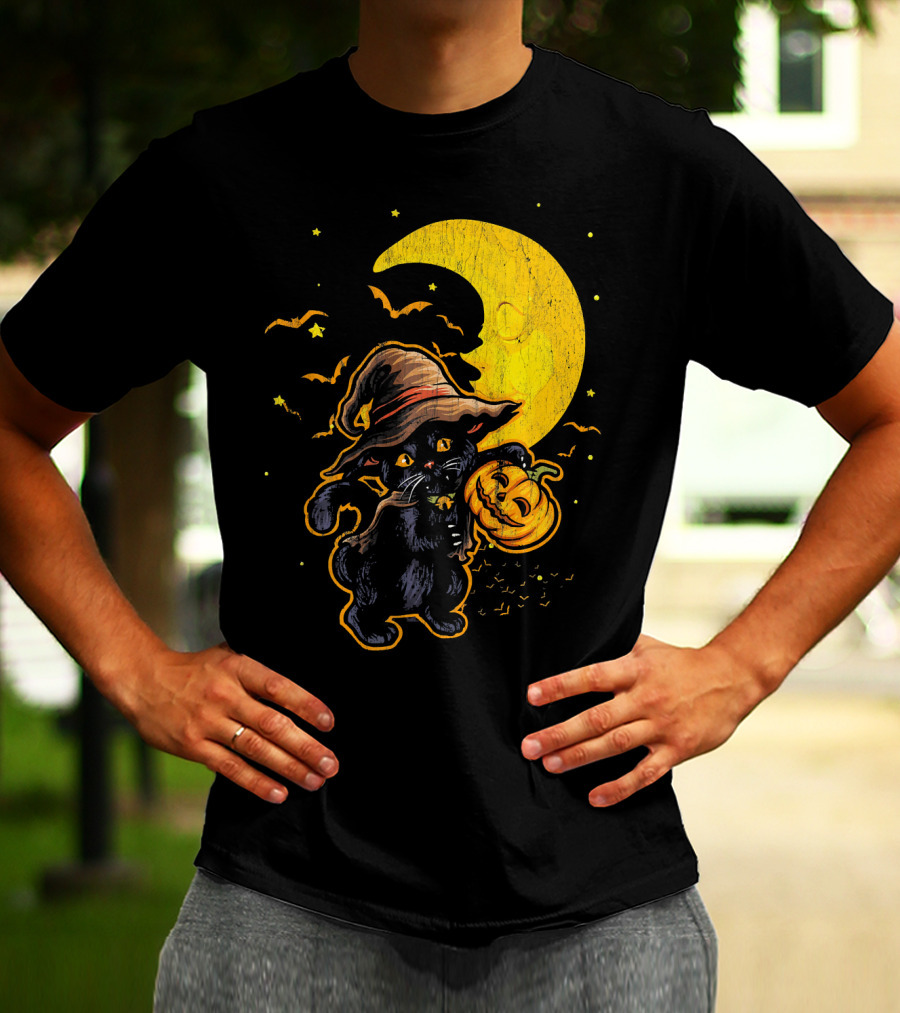Halloween Black Cat Witch With Pumpkin Under Moon And Bats T-Shirt