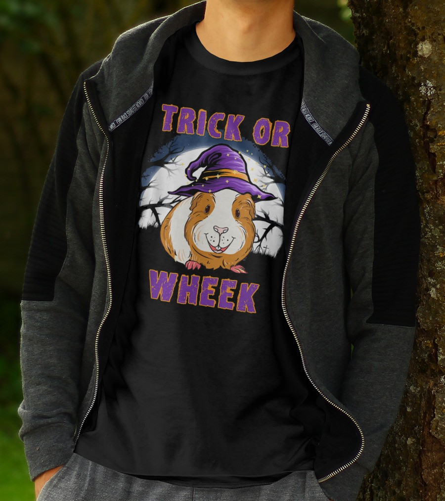Trick Or Wheek Halloween Guinea Pig With Witch Hat And Moon Background T-Shirt