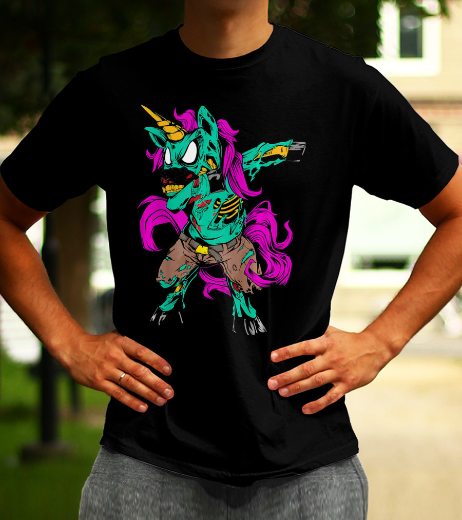 Scary Dabbing Zombie Unicorn With Pink Mane And Torn Clothing T-Shirt