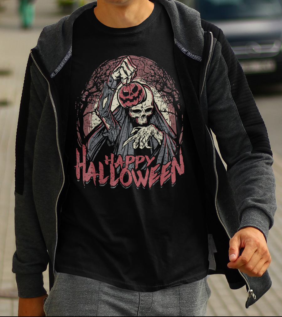 Halloween Scary Zombie Skeleton With Pumpkin Head T-Shirt