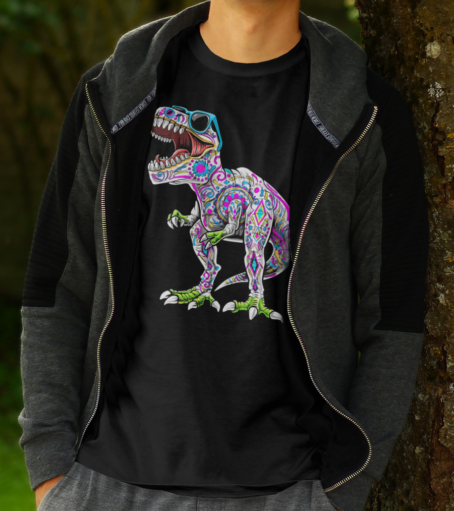 Day Of The Dead Dia De Los Muertos T-Rex Dinosaur With Sunglasses T-Shirt