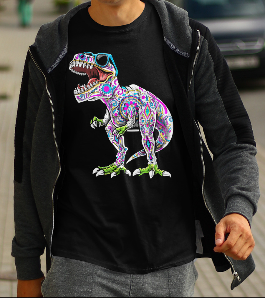 Day Of The Dead Dia De Los Muertos T-Rex Dinosaur With Sunglasses T-Shirt