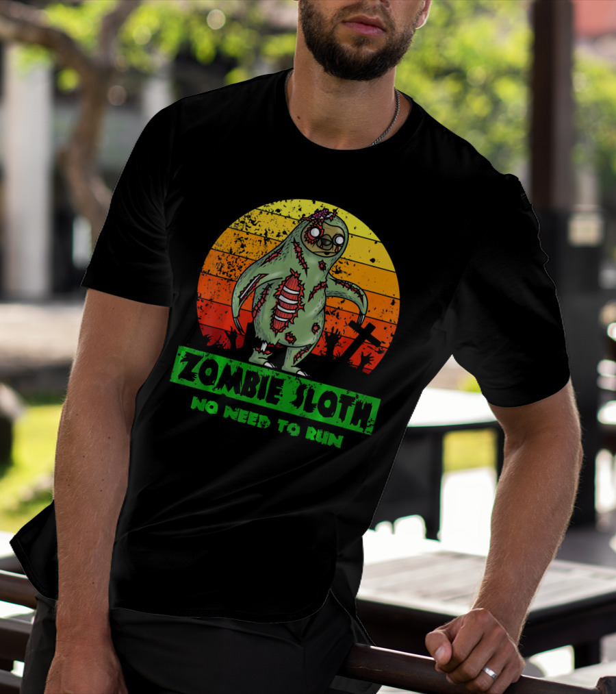 Zombie Sloth No Need To Run Sunset Cemetery Background T-Shirt