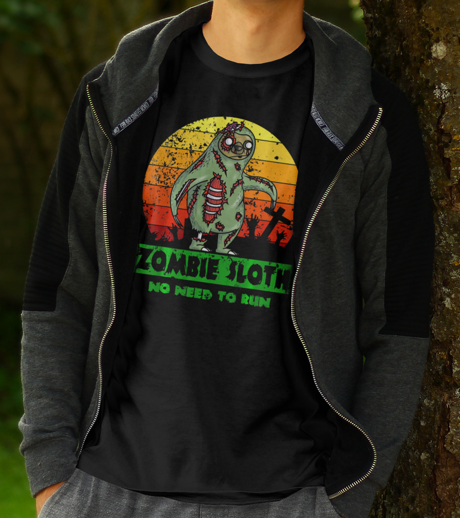 Zombie Sloth No Need To Run Sunset Cemetery Background T-Shirt