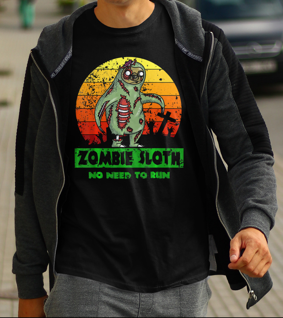 Zombie Sloth No Need To Run Sunset Cemetery Background T-Shirt