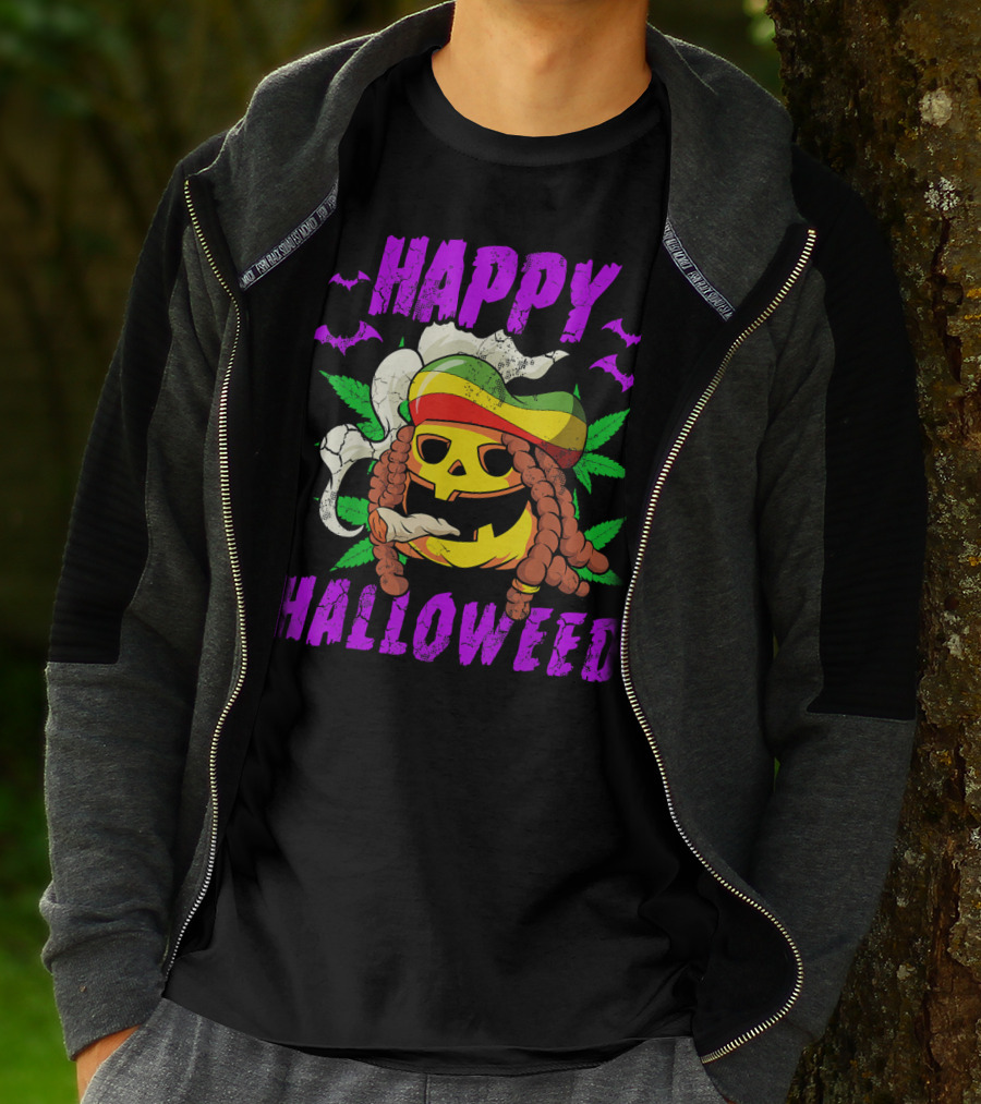 Happy Halloweed Rasta Pumpkin Smoking Weed With Bats And Jamaican Colors T-Shirt