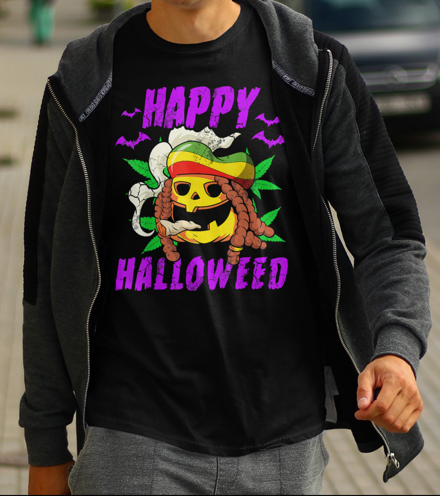 Happy Halloweed Rasta Pumpkin Smoking Weed With Bats And Jamaican Colors T-Shirt
