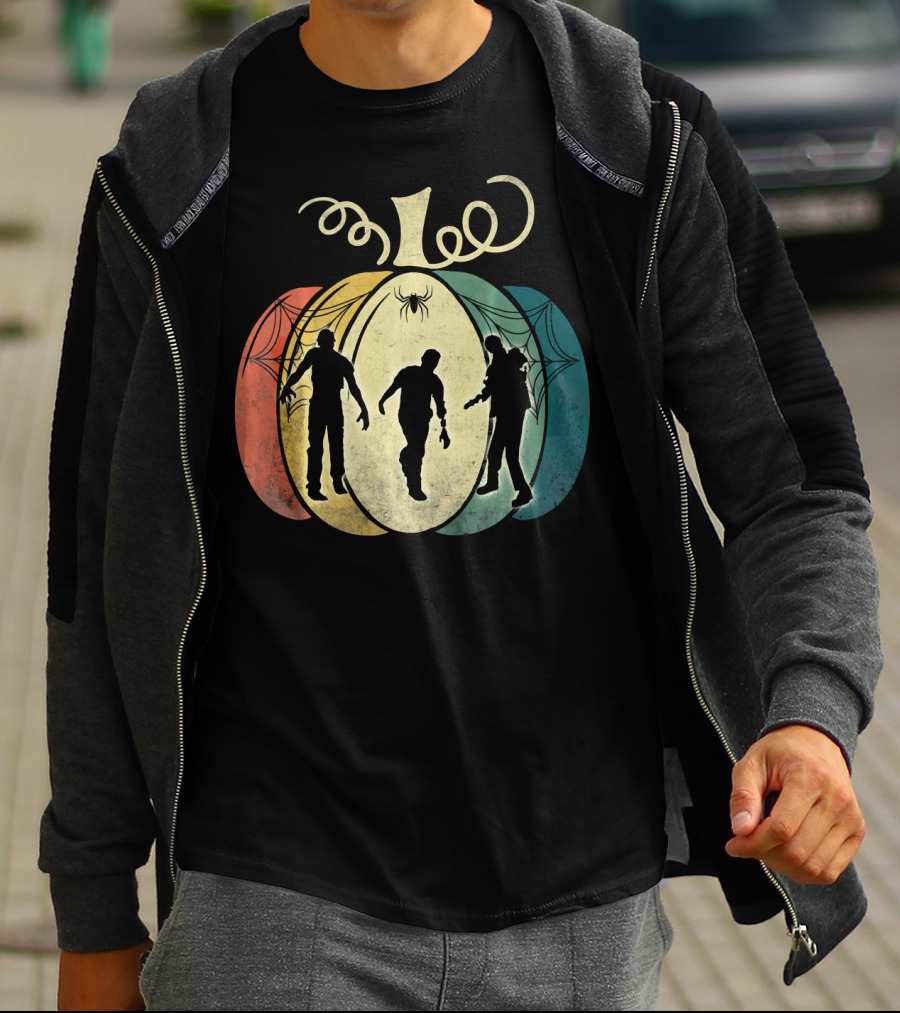 Pumpkin With Zombie Silhouettes And Spider Webs T-Shirt