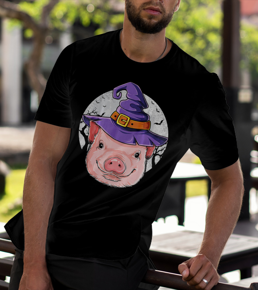 Pig Wearing Purple Witch Hat With Spooky Full Moon And Bats T-Shirt