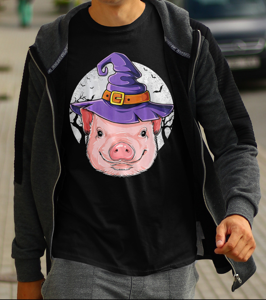 Pig Wearing Purple Witch Hat With Spooky Full Moon And Bats T-Shirt