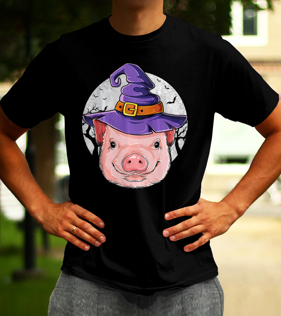 Pig Wearing Purple Witch Hat With Spooky Full Moon And Bats T-Shirt