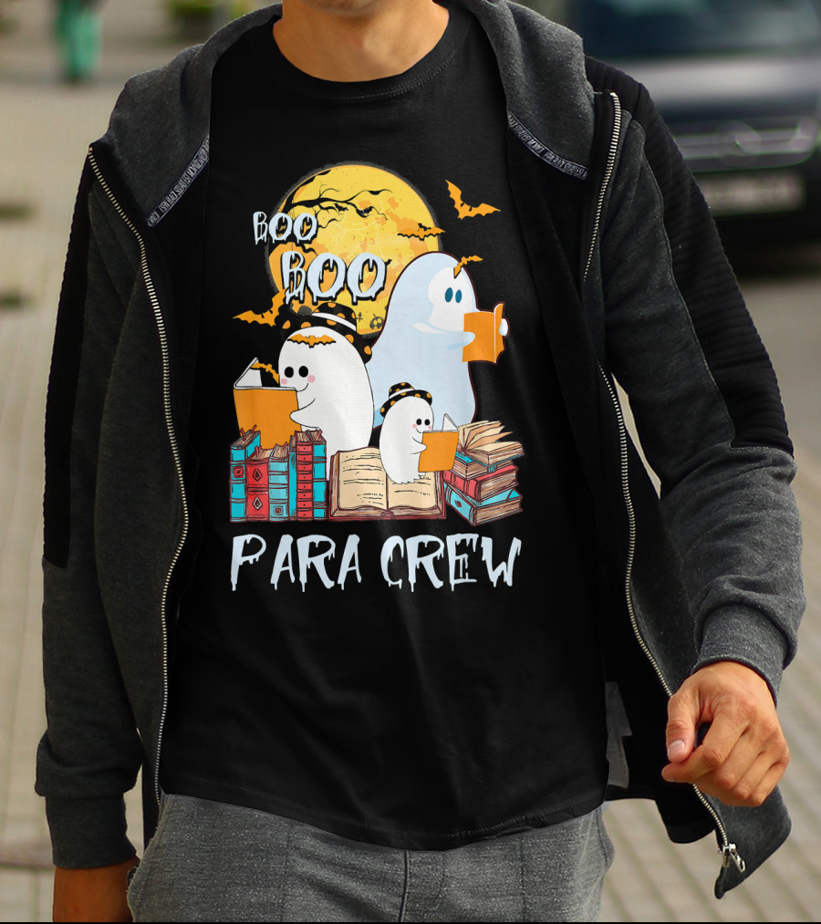 Boo Boo Para Crew Paraprofessional Ghost Reading By Moonlight With Books And Bats T-Shirt