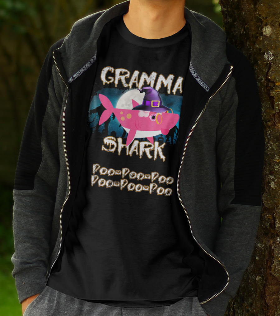 Gramma Shark Doo Doo Doo Halloween Witch Hat And Moon Background T-Shirt
