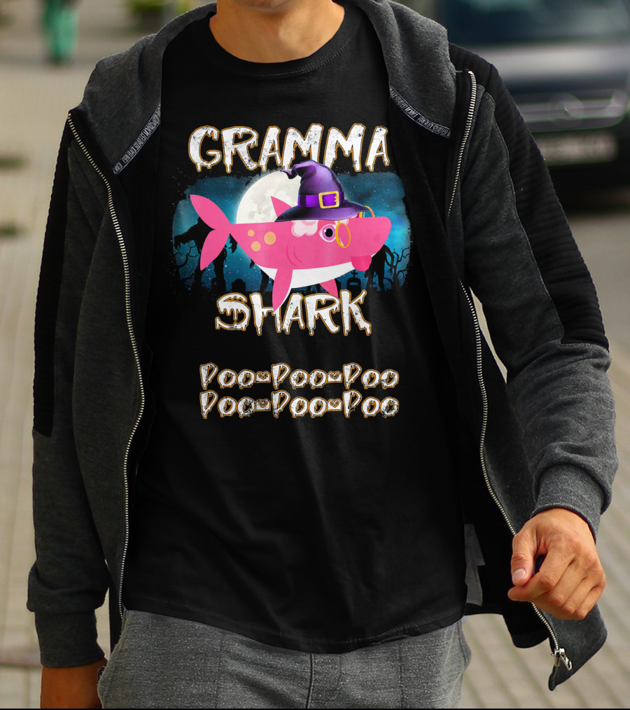 Gramma Shark Doo Doo Doo Halloween Witch Hat And Moon Background T-Shirt