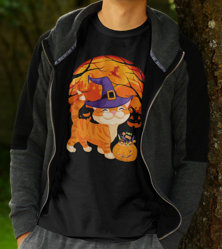 Halloween Costume Cat Witch Hat Happy Pumpkin Moon Scene T-Shirt