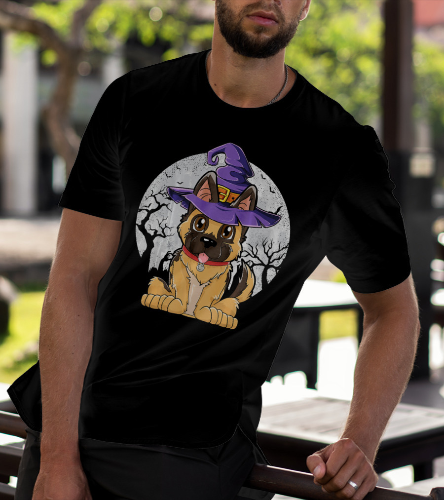 German Shepherd Witch Halloween Moon Background T-Shirt