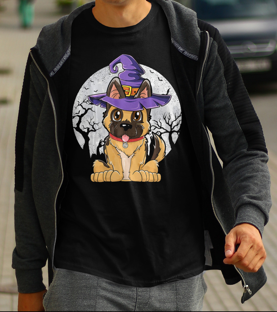 German Shepherd Witch Halloween Moon Background T-Shirt
