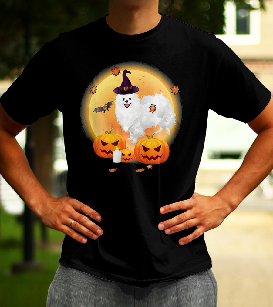 Halloween American Eskimo Dog With Pumpkins And Witch Hat T-Shirt