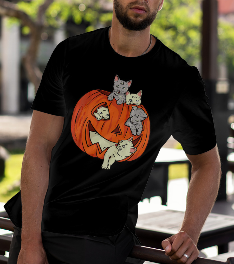 Cats In Jack O Lantern Pumpkin Halloween Scene T-Shirt