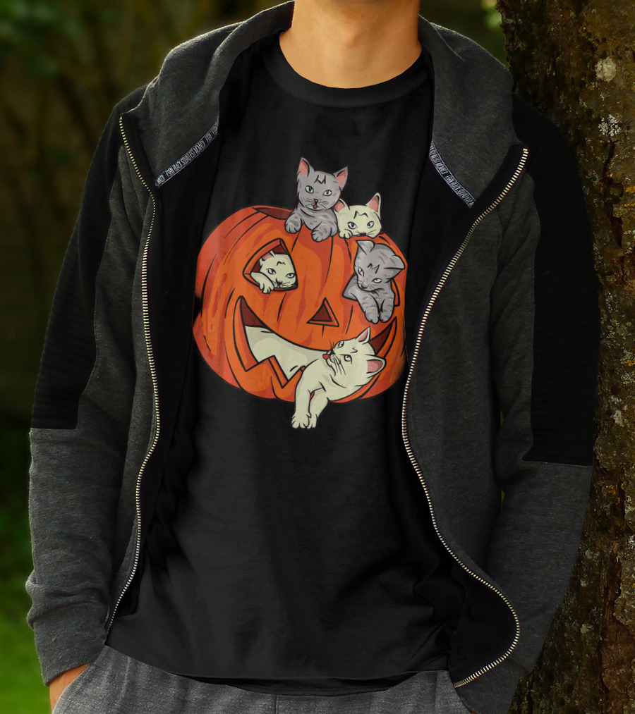 Cats In Jack O Lantern Pumpkin Halloween Scene T-Shirt