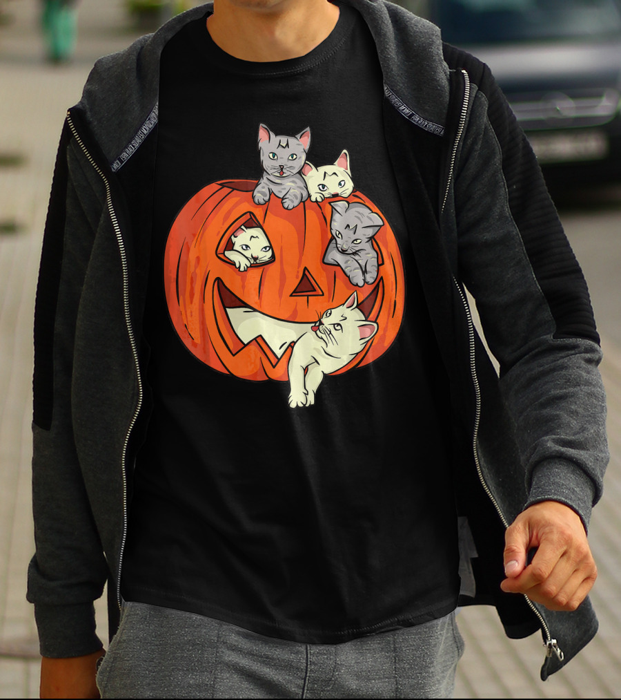 Cats In Jack O Lantern Pumpkin Halloween Scene T-Shirt