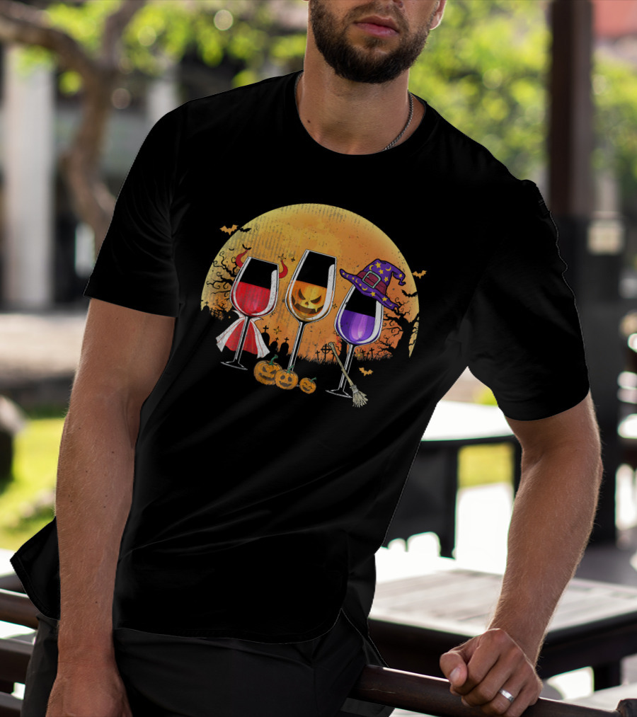 Three Wine Glasses Halloween Pumpkin Witch Hat Bats Moon And Jack-O'-Lanterns T-Shirt