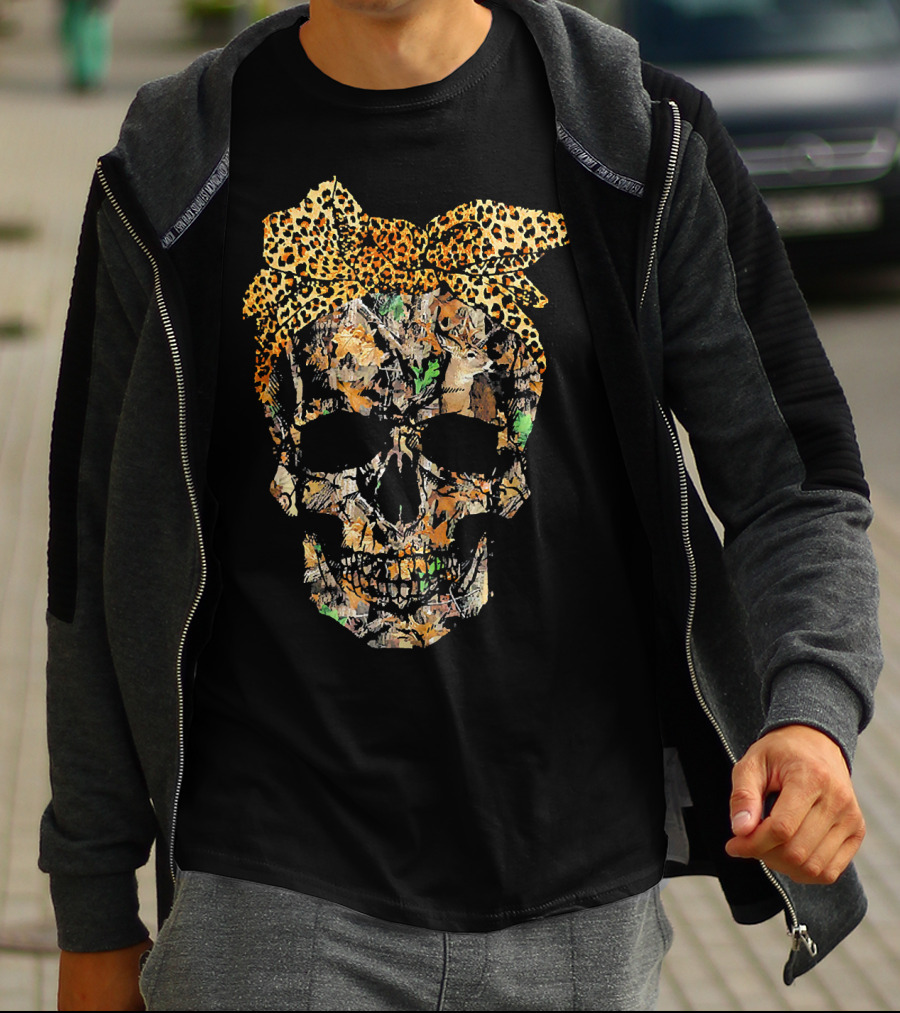Camouflage Skull With Leopard Print Bow And Hunting Elements T-Shirt
