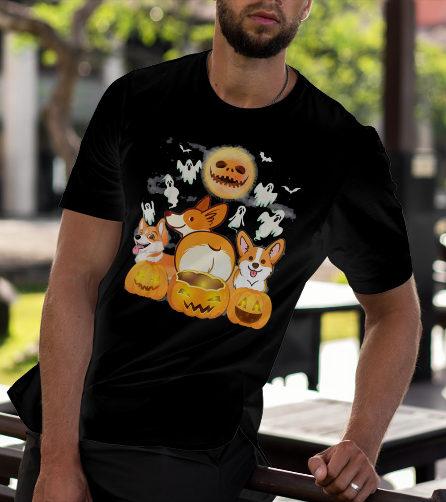 Welsh Corgi Cardigans Pumpkin Ghosts Halloween Team With Spooky Bats T-Shirt