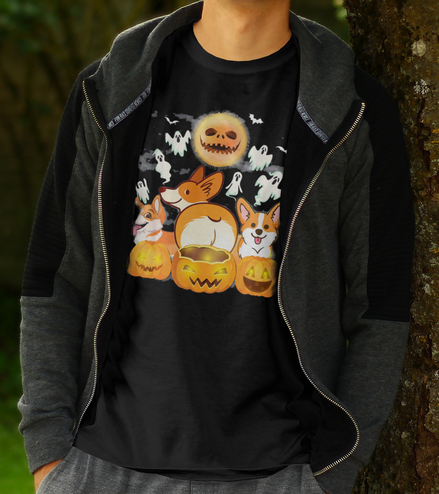 Welsh Corgi Cardigans Pumpkin Ghosts Halloween Team With Spooky Bats T-Shirt