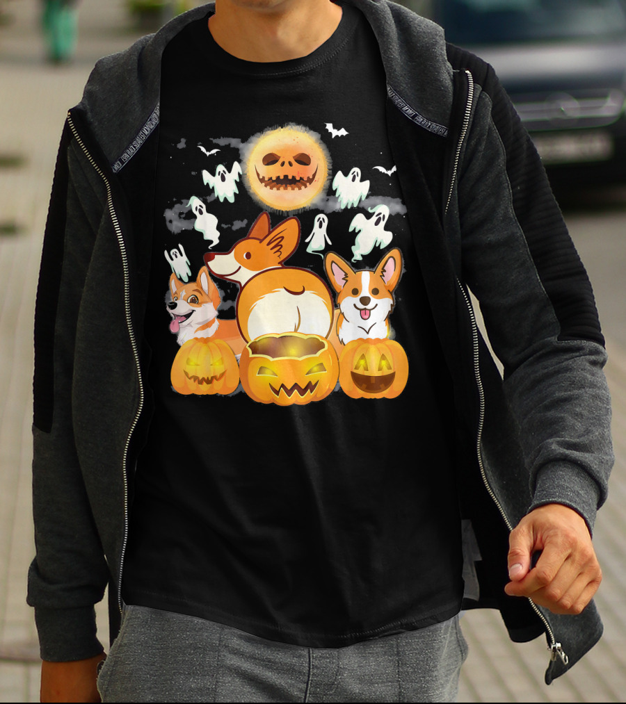 Welsh Corgi Cardigans Pumpkin Ghosts Halloween Team With Spooky Bats T-Shirt